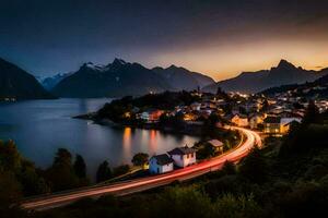 un' città e lago a crepuscolo nel Norvegia. ai-generato foto