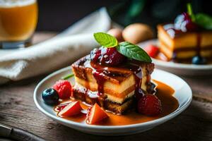 un' piatto con un' fetta di torta e frutti di bosco. ai-generato foto