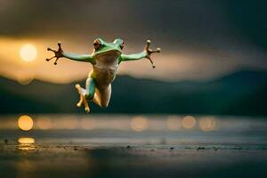 un' rana salto nel il aria con suo braccia proteso. ai-generato foto