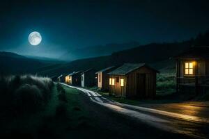 un' illuminato dalla luna strada con case e un' pieno Luna. ai-generato foto