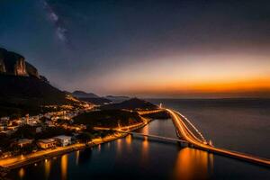 il latteo modo al di sopra di il mare e cittadina a notte. ai-generato foto