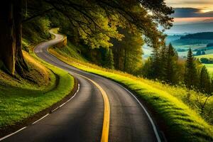 un' avvolgimento strada nel il campagna con alberi e colline. ai-generato foto