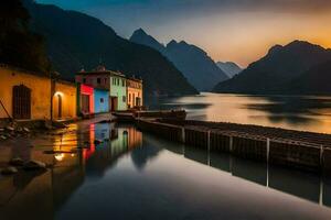 un' colorato Casa si siede su il riva di un' lago a tramonto. ai-generato foto