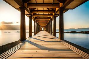 un' di legno ponte conduce per il oceano a tramonto. ai-generato foto