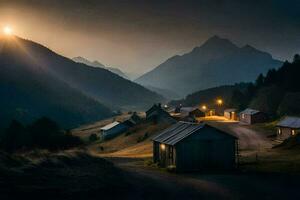 un' piccolo villaggio nel il montagne a notte. ai-generato foto