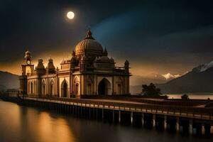 il Luna sorge al di sopra di il moschea nel il sfondo. ai-generato foto