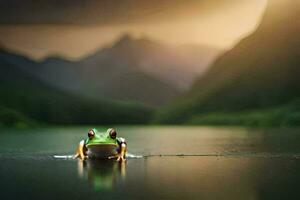 un' rana seduta su il bordo di un' lago nel davanti di montagne. ai-generato foto