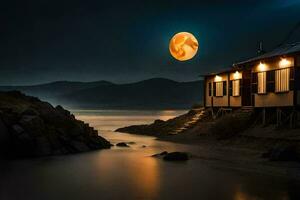 un' Casa su il spiaggia con un' pieno Luna. ai-generato foto