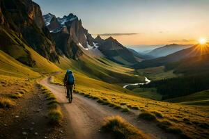 il uomo è equitazione il suo bicicletta su un' sporco strada nel il montagne. ai-generato foto