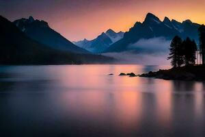 un' lago e montagne a tramonto. ai-generato foto