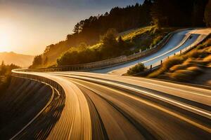 un' auto guida su un' avvolgimento strada a tramonto. ai-generato foto