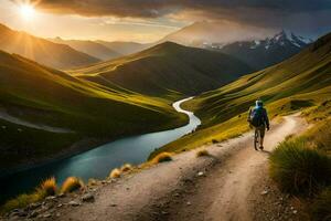 un' uomo passeggiate lungo un' sentiero nel il montagne. ai-generato foto