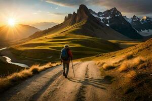 un' uomo passeggiate su un' strada nel il montagne. ai-generato foto