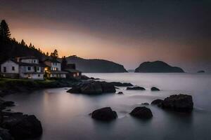 un' Casa si siede su il riva di il oceano a tramonto. ai-generato foto