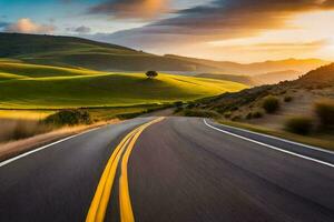 un' strada nel il mezzo di un' verde valle con un' tramonto. ai-generato foto