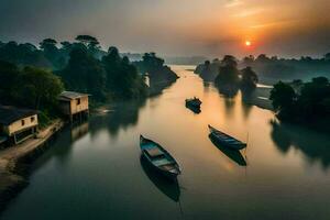 Barche su il fiume a tramonto. ai-generato foto