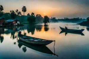 Due Barche galleggiante su il acqua a Alba. ai-generato foto