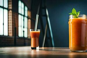 un' bicchiere di arancia succo e un' cannuccia. ai-generato foto