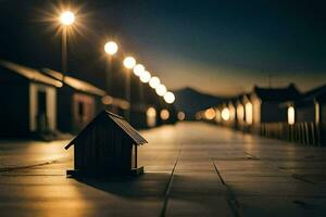 un' piccolo Casa si siede su il strada a notte. ai-generato foto