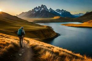 un' uomo passeggiate lungo il sentiero nel il montagne. ai-generato foto