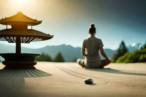 un' donna Meditare nel davanti di un' pagoda. ai-generato foto