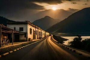 un' strada nel il montagne con un' bicicletta e un' Casa. ai-generato foto