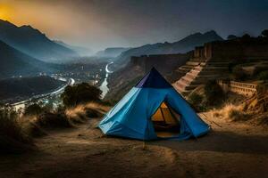 un' tenda nel il montagne. ai-generato foto