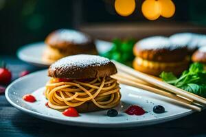 spaghetti e Polpette su un' piatto. ai-generato foto