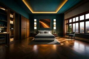 un' Camera da letto con un' letto, scrivania e di legno piani. ai-generato foto