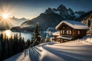 un' cabina nel il neve con il sole splendente. ai-generato foto