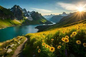 il sole sorge al di sopra di il montagne e il girasoli fioritura. ai-generato foto