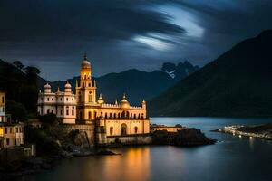 un' Chiesa nel il montagne a notte. ai-generato foto