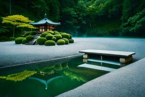 un' giapponese giardino con un' stagno e un' pagoda. ai-generato foto