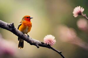 un' uccello si siede su un' ramo con un' fiore. ai-generato foto