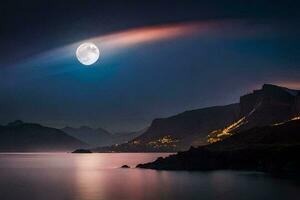 il Luna è splendente brillantemente al di sopra di il acqua e montagne. ai-generato foto