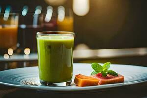 un' bicchiere di verde succo su un' piatto. ai-generato foto