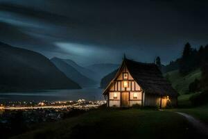 foto sfondo il cielo, montagne, Casa, notte, il Casa, il Casa nel il scuro. ai-generato