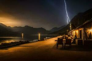 fulmine scioperi al di sopra di un' lago e un' ristorante a notte. ai-generato foto