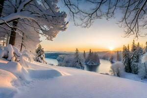 un' nevoso paesaggio con alberi e un' lago. ai-generato foto