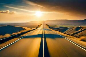 un' lungo autostrada con il sole ambientazione dietro a esso. ai-generato foto