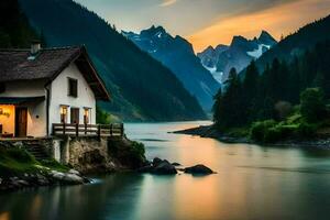 un' Casa si siede su il bordo di un' fiume a tramonto. ai-generato foto