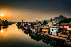 il sole imposta al di sopra di un' fiume nel India. ai-generato foto