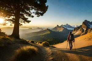 un' escursionista passeggiate lungo un' pista nel il montagne. ai-generato foto