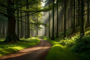 un' sporco strada nel il mezzo di un' foresta con alberi. ai-generato foto