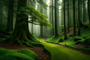 un' sentiero attraverso un' foresta con alberi e muschio. ai-generato foto