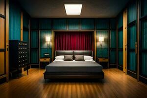 un' Camera da letto con un' letto, costumista e un' rosso luce. ai-generato foto