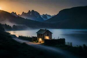 un' Casa si siede su il lato di un' lago a tramonto. ai-generato foto