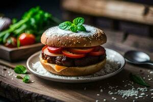 un' Hamburger con pomodori e formaggio su un' bianca piatto. ai-generato foto