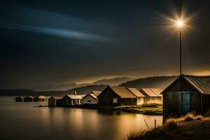 un' barca è seduta su il riva a notte. ai-generato foto