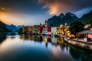 colorato edifici su il riva di un' lago a tramonto. ai-generato foto